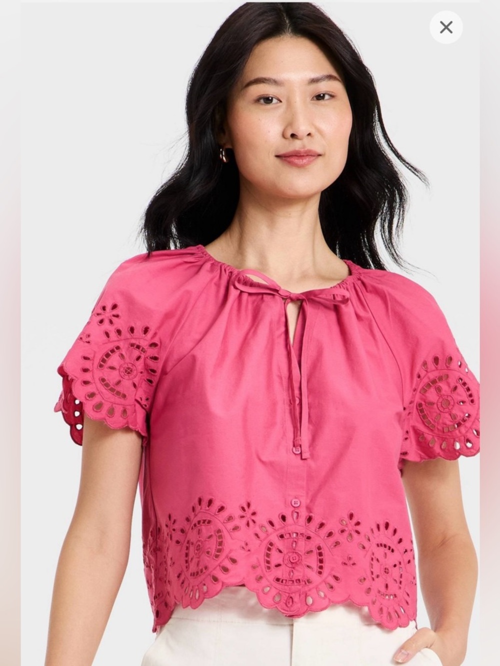 Women's Short Sleeve V-Neck Button-Front Eyelet Blouse - A New Day™ Pink L